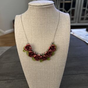 Vintage Macy’s Necklace Red Enamel Roses On A 16” Silver Chain
